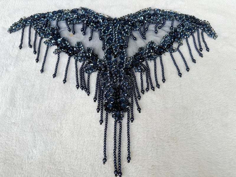 MOPISVN Handmade Crystal on lace Applique Sewing Rhinestones Fringe Beads Sequins Patches Trim Luxury Decoration Accessories for Wedding Dress 17X12.5inches (Deepblue) - Image 4